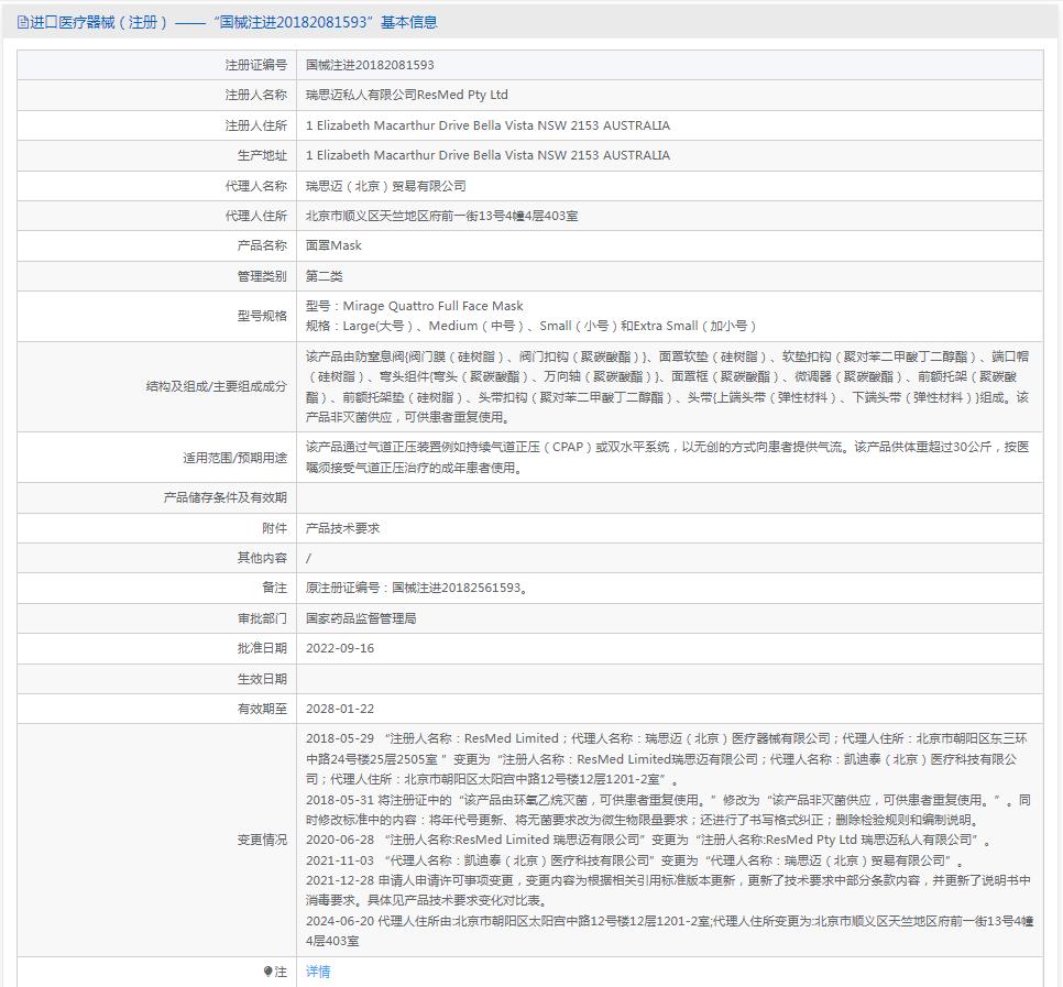 瑞思迈（Resmed）呼吸机口鼻全脸面罩Mirage Quattr